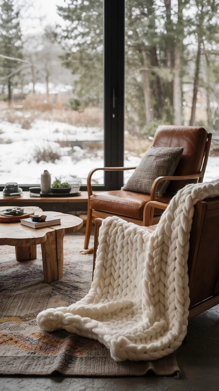 A cozy living room features a chunky knit cream blanket draped over a brown leather armchair, with another leather armchair and a rustic wooden coffee