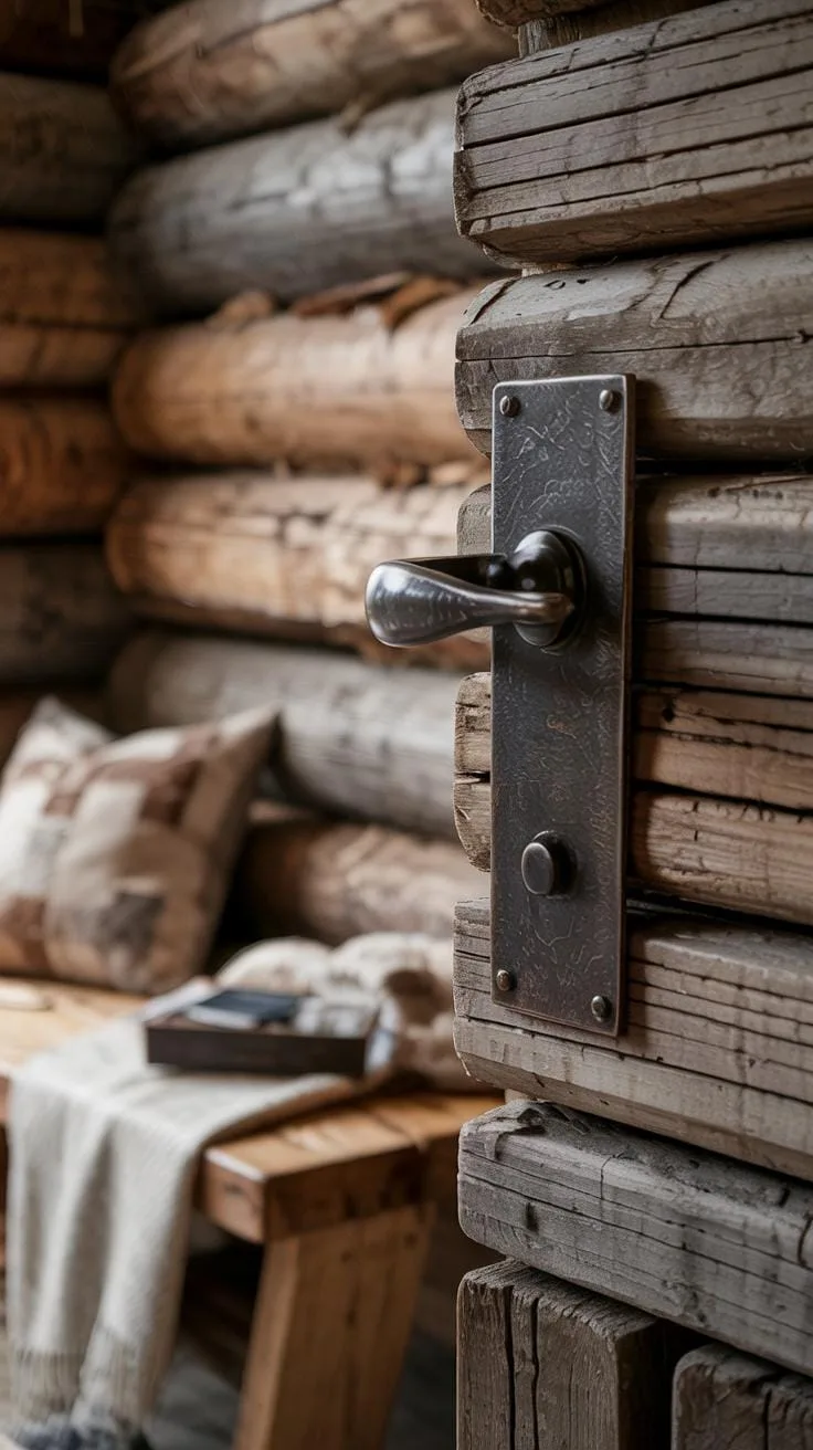 A close-up view of a rustic, dark metal door handle and lock plate on a weathered wooden door, set against a blurred background of a log cabin interio
