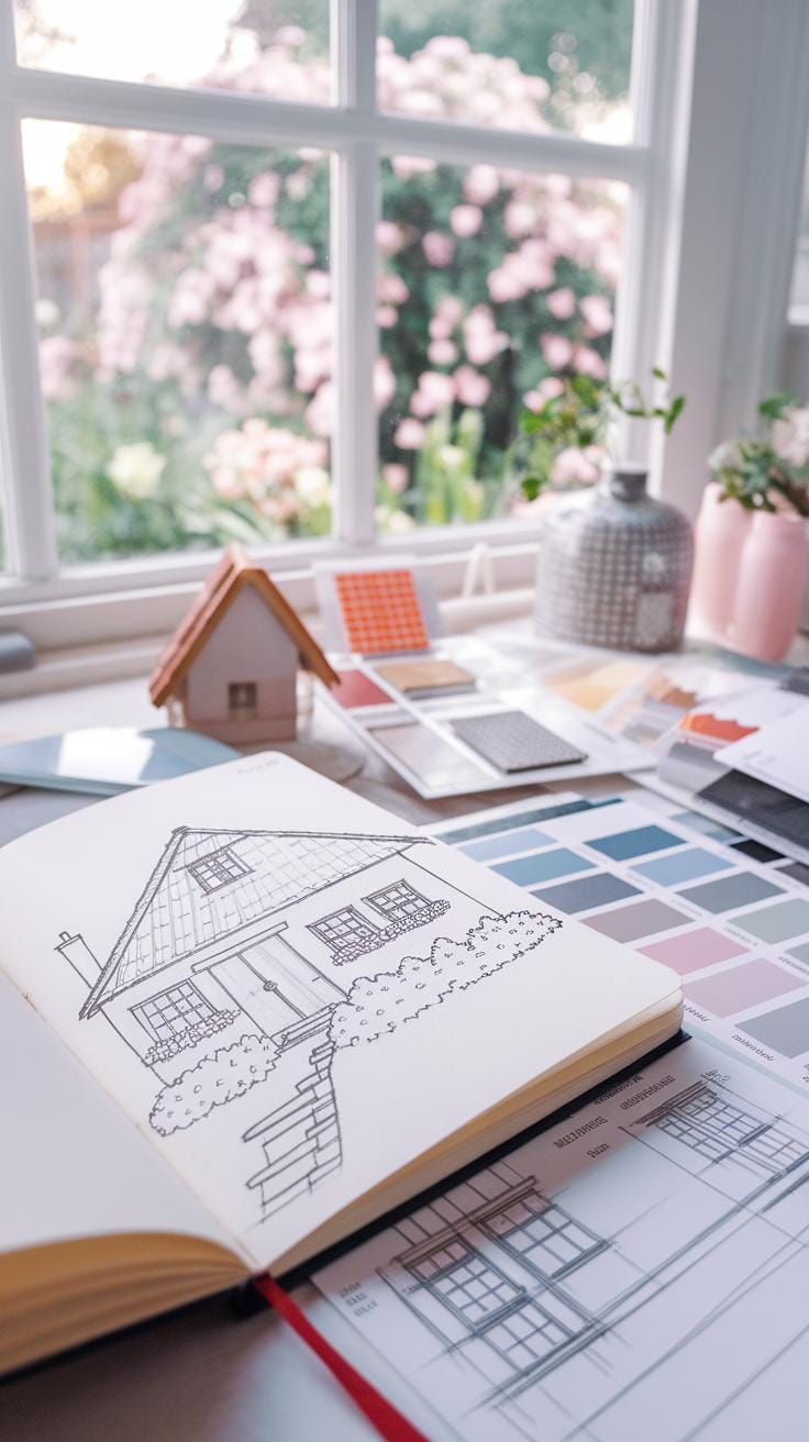 An open sketchbook with a house drawing sits on a table by a window, surrounded by color swatches, architectural plans, and a miniature house model. Pink flowers and greenery are visible outside.