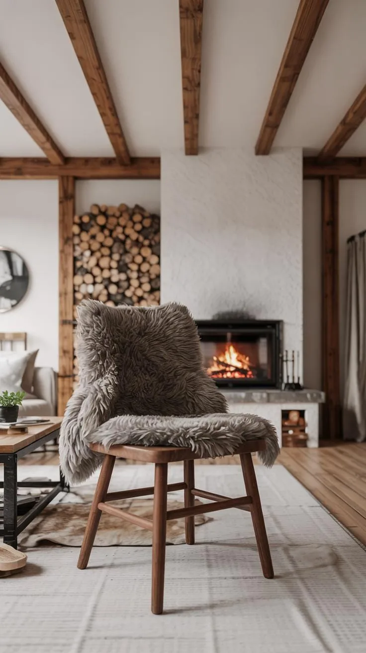 A cozy living room features a wooden chair draped with a shaggy brown sheepskin throw in the foreground, with a modern fireplace and a stacked woodpil