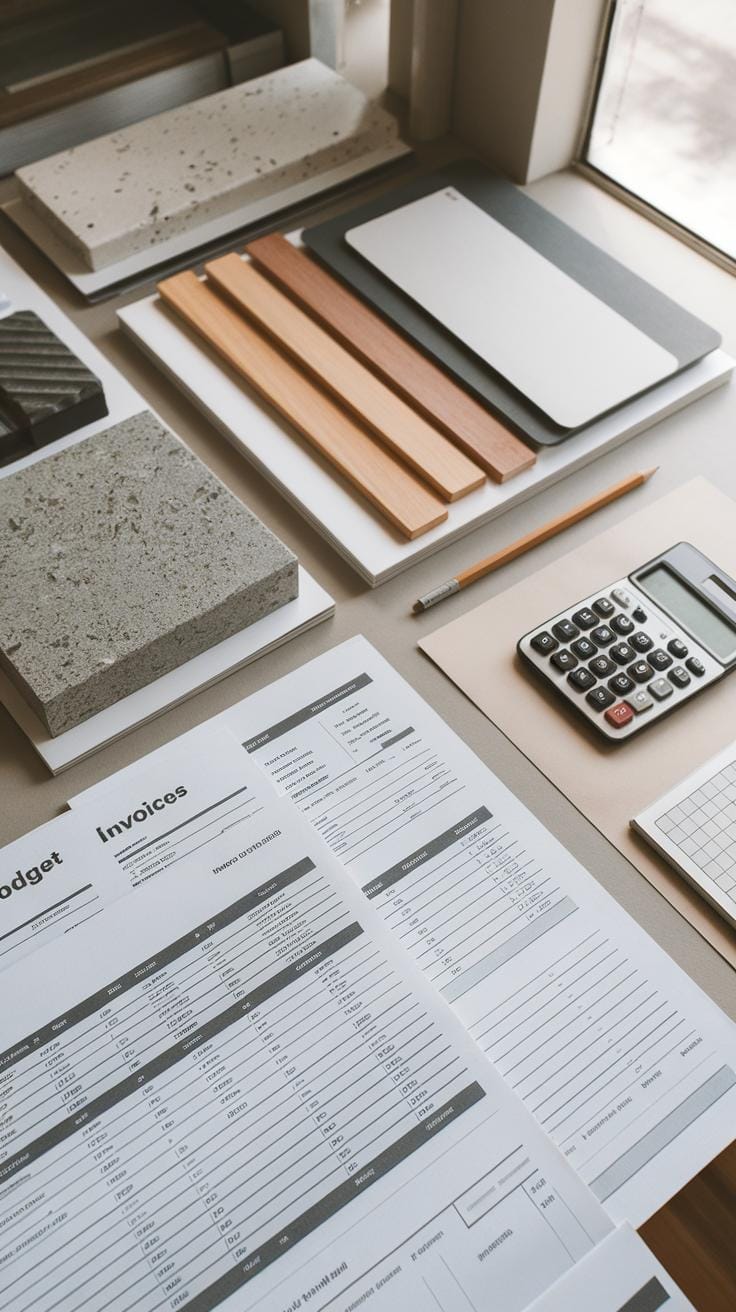 A desk with printed budget and invoice sheets, a calculator, a pencil, a notepad, and various material samples including wood, tile, and stone, arranged neatly next to a window.