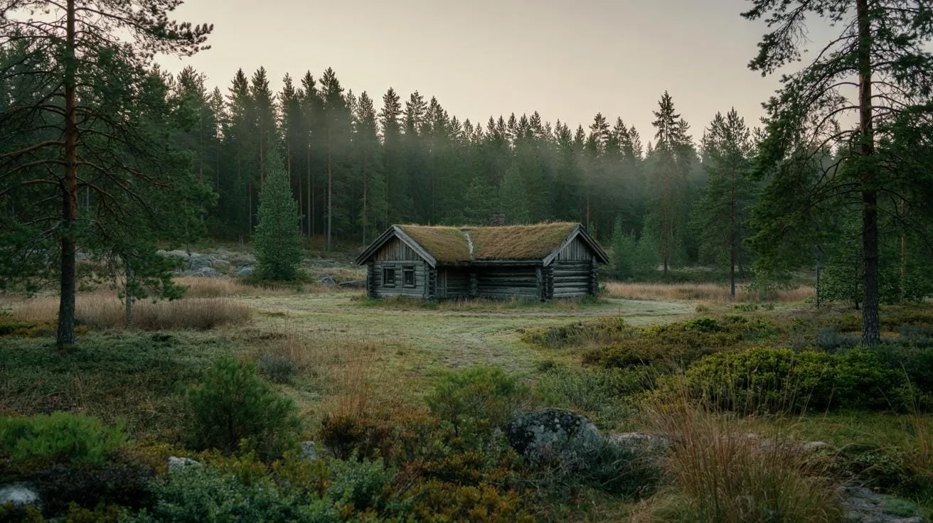 An old, rustic wooden cabin with a moss-covered roof sits isolated in a misty, overgrown forest clearing, surrounded by tall pine trees and sparse gre