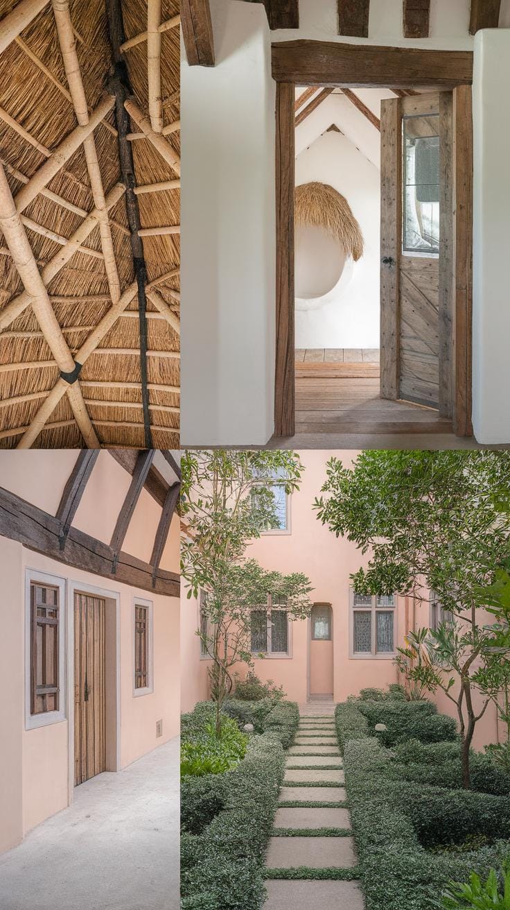 Collage showing a thatched ceiling with wooden beams, a rustic wooden door opening to a bright room, a wooden door on a peach wall, and a lush courtyard garden with stone paths and green hedges.