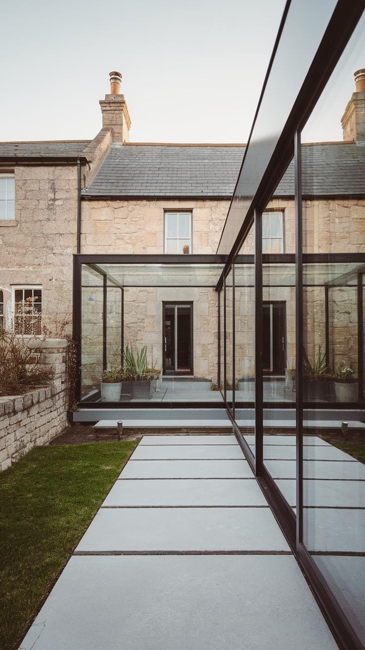 A modern glass extension with metal frames connects to a traditional stone house, featuring large potted plants and a clean, minimalist patio path leading through a neatly kept lawn.