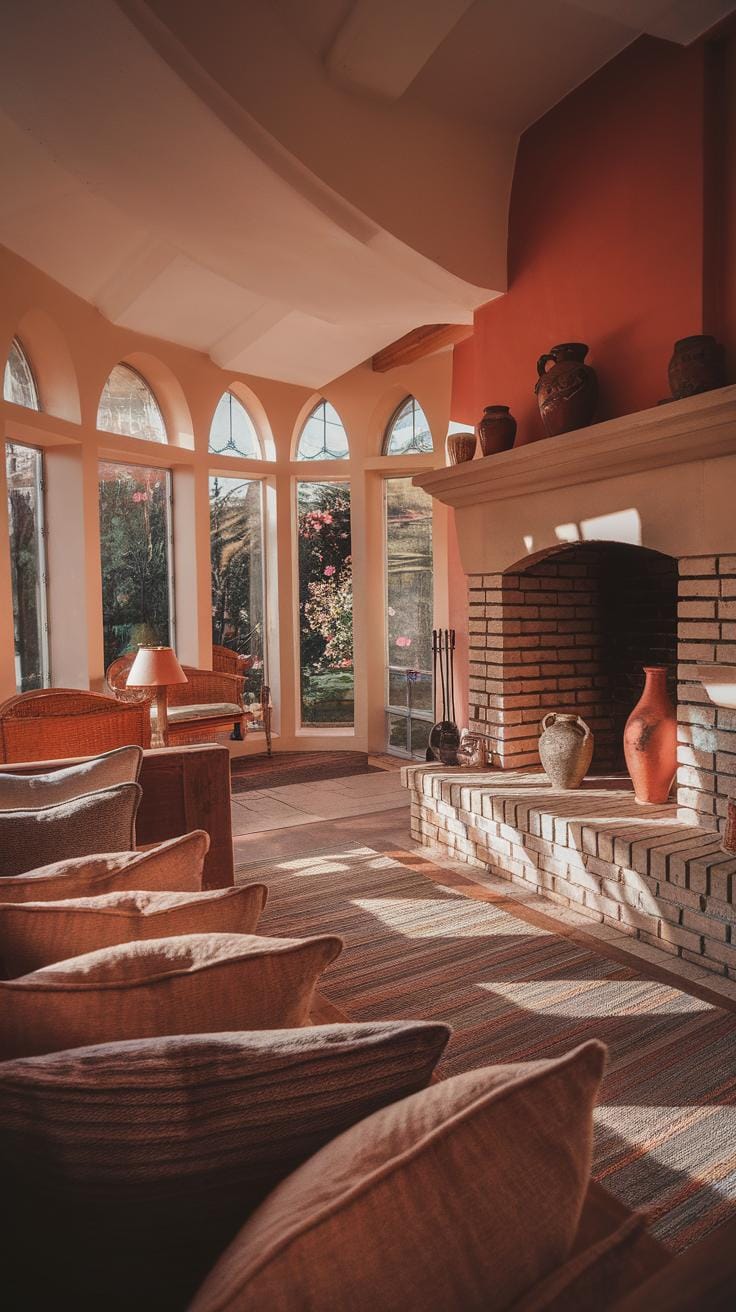 Sunlit living room with arched windows, wicker furniture, and a brick fireplace decorated with clay pots. Warm tones and sunlight create a cozy, inviting atmosphere. Garden visible through glass doors.