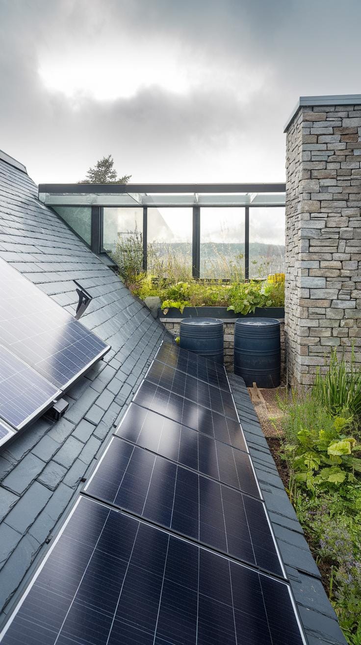 Solar panels installed on a sloped rooftop with a small rooftop garden and two rain barrels beside a stone wall under a cloudy sky.