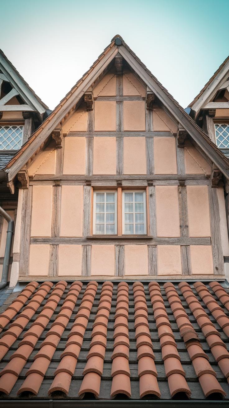 A close-up view of a timber-framed house with a steep, triangular roof, tan walls, wooden beams, a small window, and orange-red clay roof tiles under a clear sky.