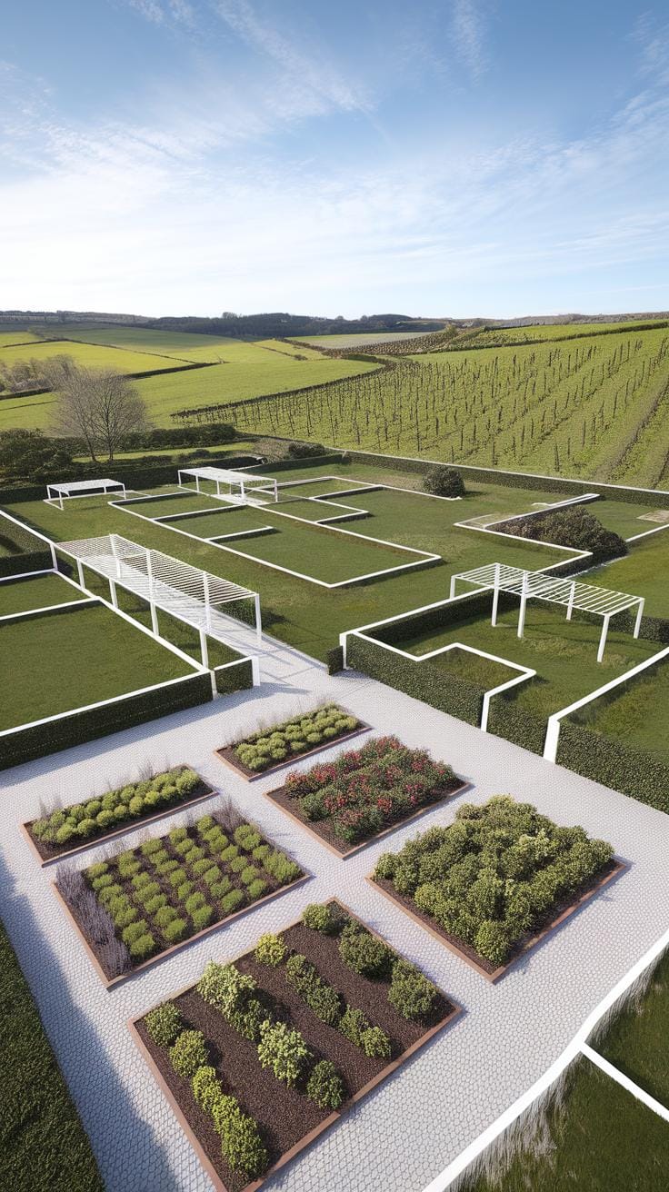 A modern, geometric garden with raised plant beds, neatly trimmed hedges, white pergolas, and paved walkways, set against rolling green fields and a clear blue sky in the background.