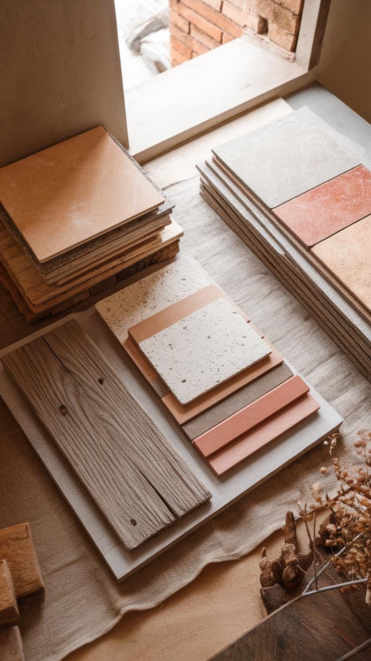 A tabletop displays stacks of various tile samples in earthy tones, including beige, terracotta, and wood-textured tiles, arranged neatly near a sunlit window. Dried flowers add a decorative touch.