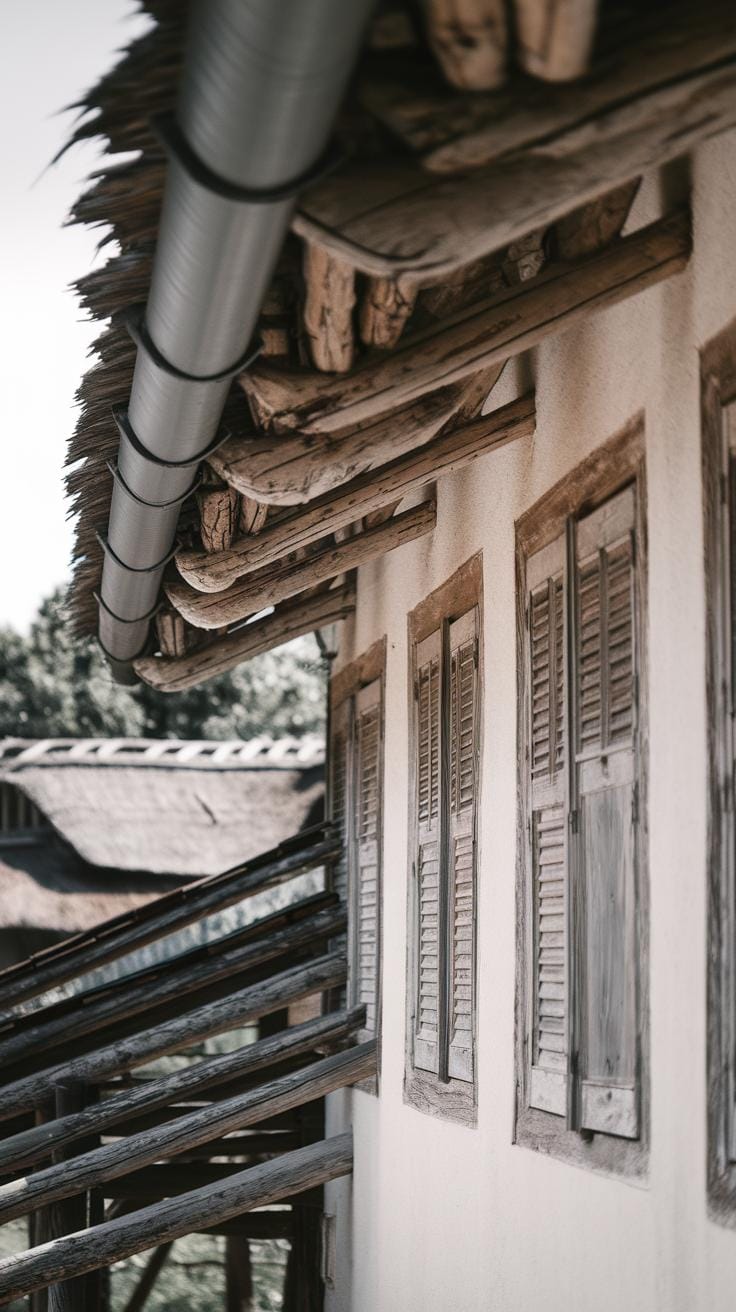 A close-up view of a rustic building with weathered wooden shutters and roof beams, featuring a metal gutter along the edge. Another similar structure is visible in the background.