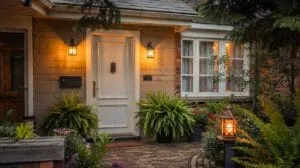 A cozy house entrance at dusk, featuring a white front door flanked by two warm wall sconces, large potted ferns, and a brick pathway leading up to it