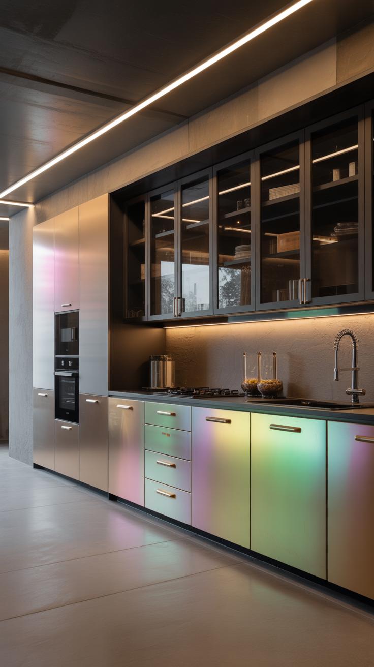 A modern kitchen with sleek, metallic cabinets reflecting pastel colors, built-in appliances, glass-front upper cabinets, under-cabinet lighting, and a minimalist faucet and sink.