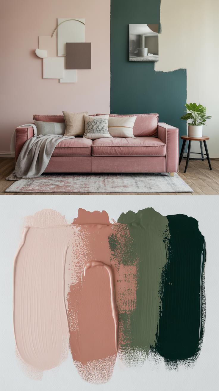 A modern living room with a pink sofa, neutral cushions, and a throw blanket sits against a wall painted half pink and half green. Below is a swatch of pink, blush, olive green, and dark green paint.