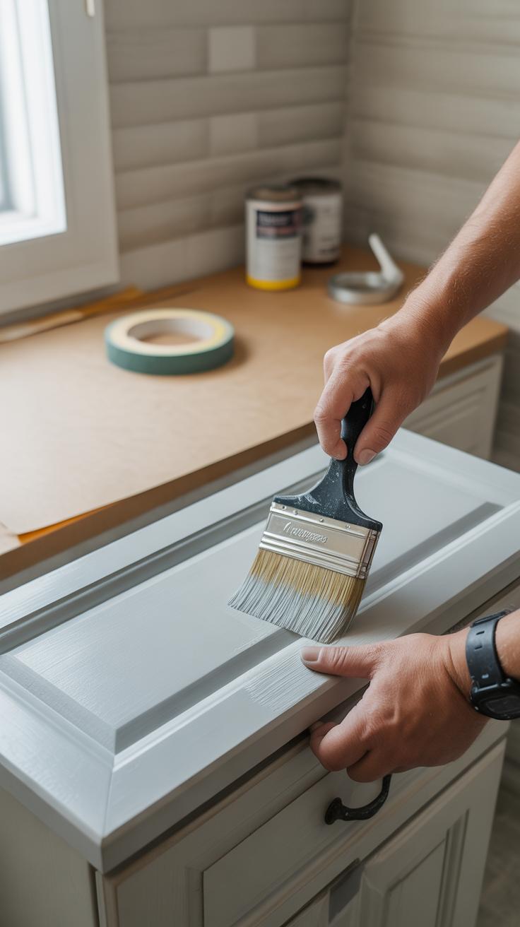 A person painting a cabinet door with a paintbrush in a well-lit room; paint supplies and tape are on a counter in the background.