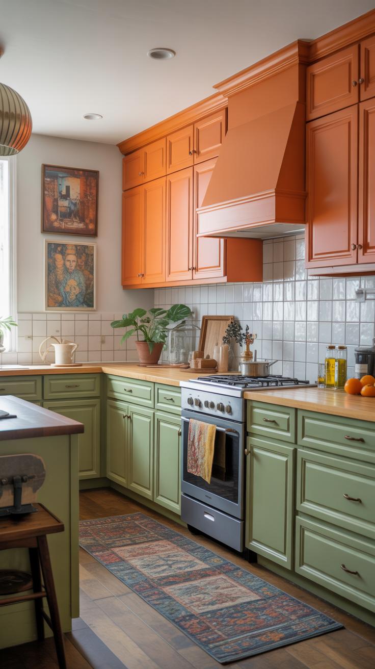 A cozy kitchen with light green lower cabinets, orange upper cabinets, a patterned rug, potted plants, wall art, a stove with a towel, and natural light coming through a window.