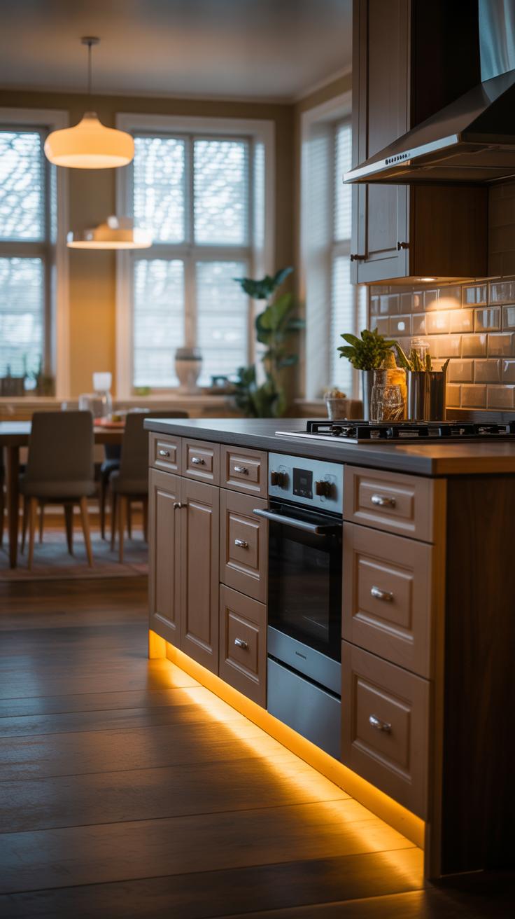 Modern kitchen with wooden cabinets and under-cabinet lighting, featuring a built-in oven and stove; large windows and a dining area with chairs are visible in the background.