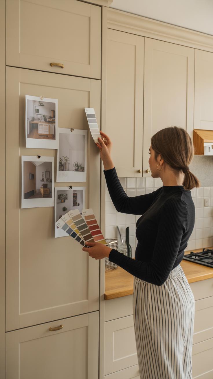 A woman in a modern kitchen holds color swatches and pins while looking at interior design photos and paint samples displayed on a beige cabinet. She appears to be planning a home decor project.