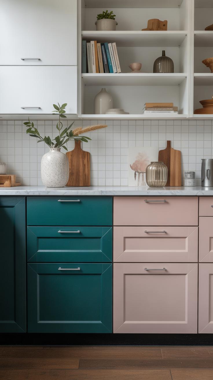 Modern kitchen with teal and blush pink cabinets, white upper shelves with books and decor, wooden cutting boards, a vase with greenery, and a white tiled backsplash.