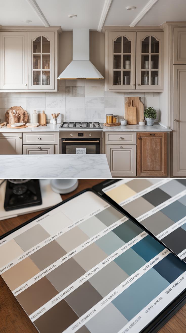 A kitchen with light beige cabinets and wood accents is shown above a table displaying paint color swatches in various neutral shades, suggesting a kitchen renovation or color selection process.