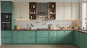 Modern kitchen with green lower cabinets, cream upper cabinets, wooden shelves, a stainless steel range hood, a tiled backsplash, and various kitchen utensils and decor on the countertops and shelves.