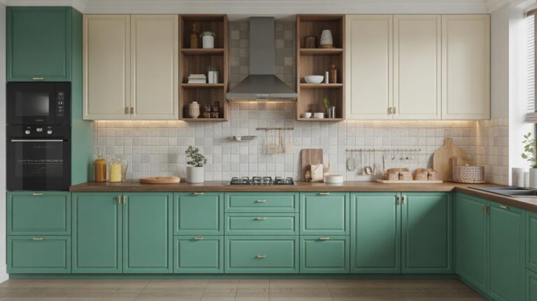 Modern kitchen with green lower cabinets, cream upper cabinets, wooden shelves, a stainless steel range hood, a tiled backsplash, and various kitchen utensils and decor on the countertops and shelves.