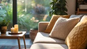A beige couch with mustard yellow and cream throw pillows sits in a sunlit living room next to a small wooden side table with two lit candles and a sm