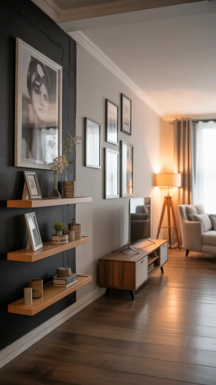A modern living room features a dark gray accent wall with three light wood floating shelves and a large framed black-and-white portrait, alongside a