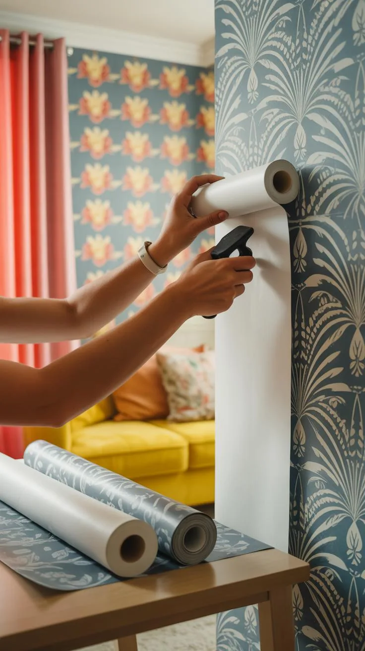 A close-up shot of a person's hands unrolling a white sheet of wallpaper with a palm leaf pattern onto a wall already partially covered with the same