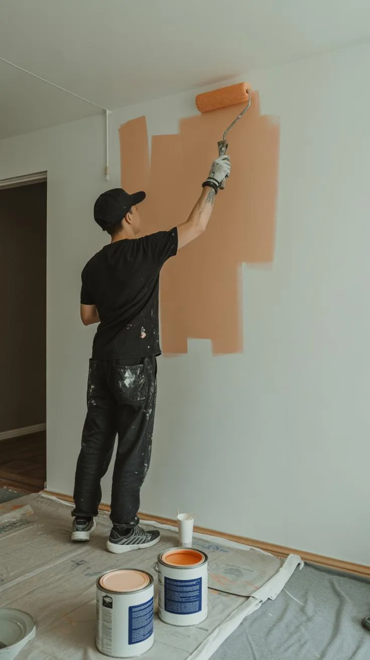 A person wearing a black t-shirt, black cap, and dark pants is painting a light-colored wall with an orange roller, applying a peach-colored paint. Tw