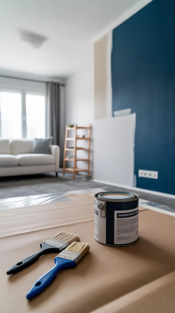A partially painted living room features a dark blue accent wall, with two paintbrushes and an open can of blue paint on a protective brown paper cove