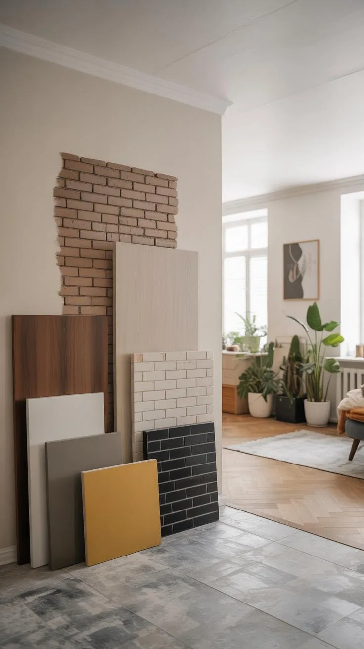Various sample boards for interior design, including wood, brick, solid colors, and tile, are propped against a wall with exposed brick in a bright, m
