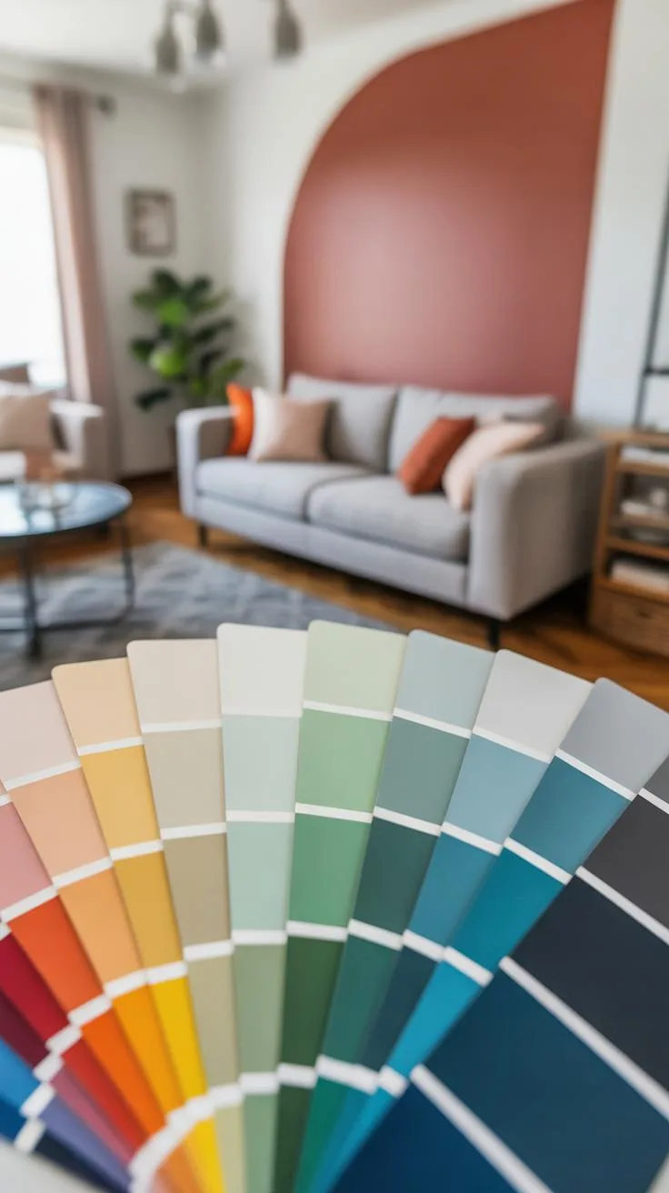 A fan deck of various paint color swatches is held in the foreground, with a blurred modern living room in the background featuring a gray sofa, orang