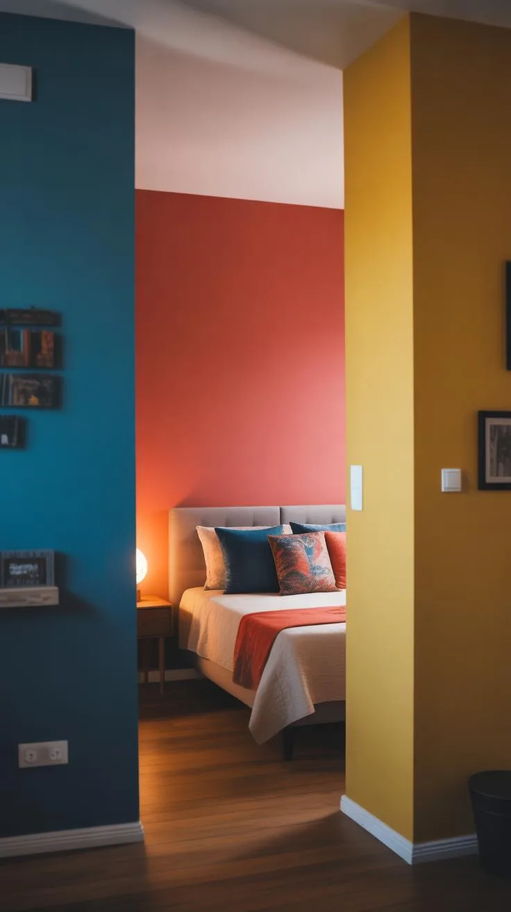 A colorful bedroom is partially visible through two vibrant doorways, one blue and one yellow, flanking a central opening.