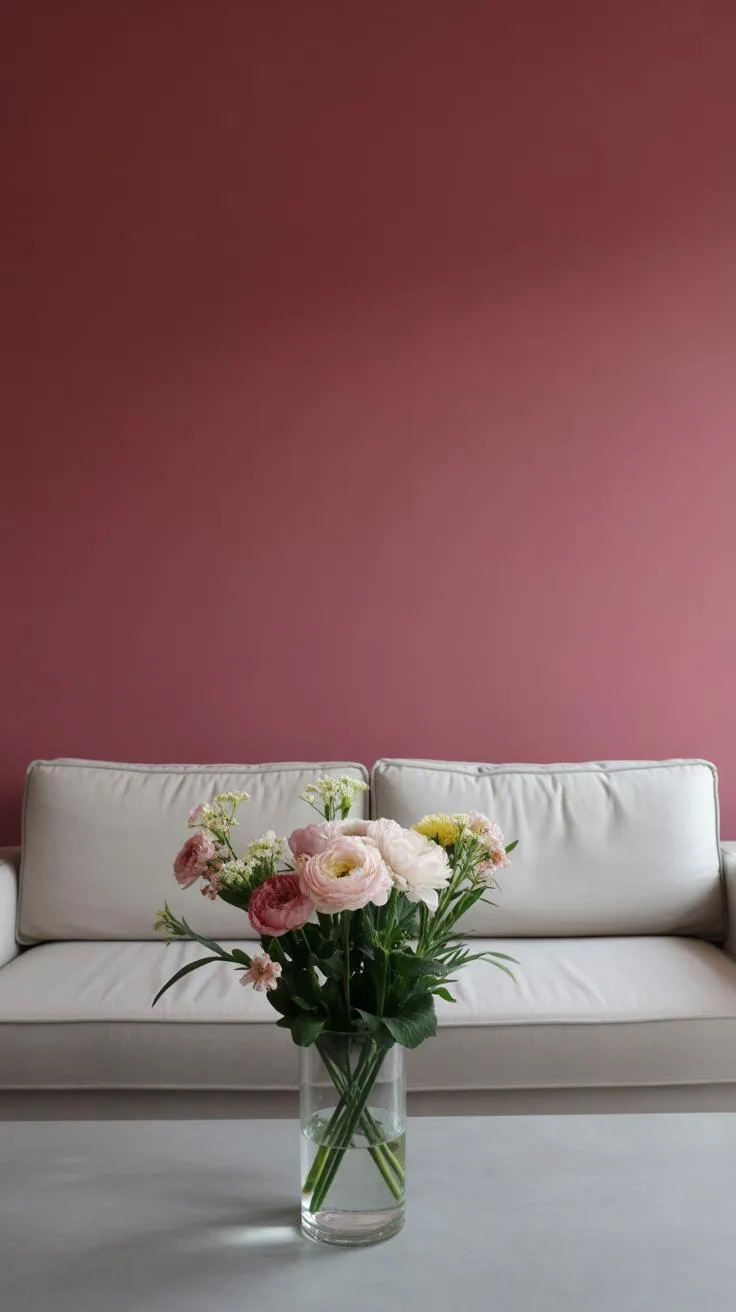 A clear glass vase filled with a bouquet of light pink, cream, and yellow ranunculus and other flowers sits on a light gray surface in front of a whit