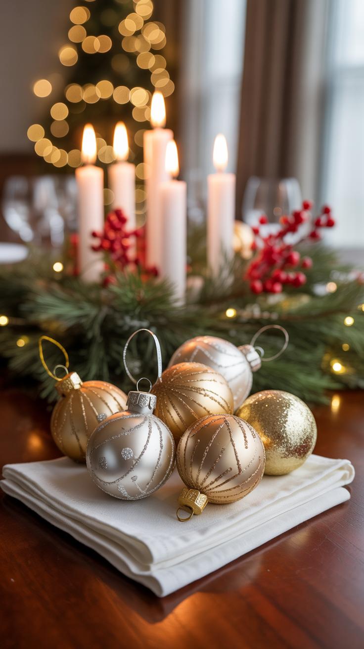 Gold and silver Christmas ornaments rest on folded napkins in front of a lit candle centerpiece with greenery and red berries, creating a festive holiday table setting.