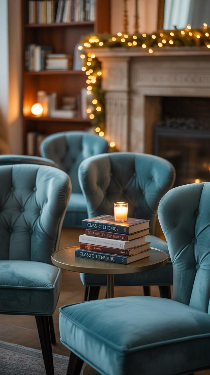 A cozy reading nook with teal upholstered chairs, a round table holding stacked classic literature books and a lit candle. Bookshelves and a fireplace with string lights and garland are in the background.
