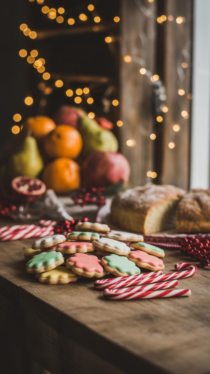 Iced holiday cookies, candy canes, and fruit are arranged on a rustic wooden table with festive string lights and a loaf of bread in the background, creating a cozy holiday atmosphere.