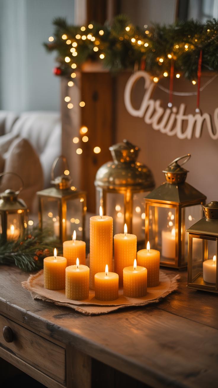 A cozy holiday scene with lit pillar candles on a wooden table, surrounded by gold lanterns, pine branches, twinkling string lights, and a partial Christmas sign in the background.