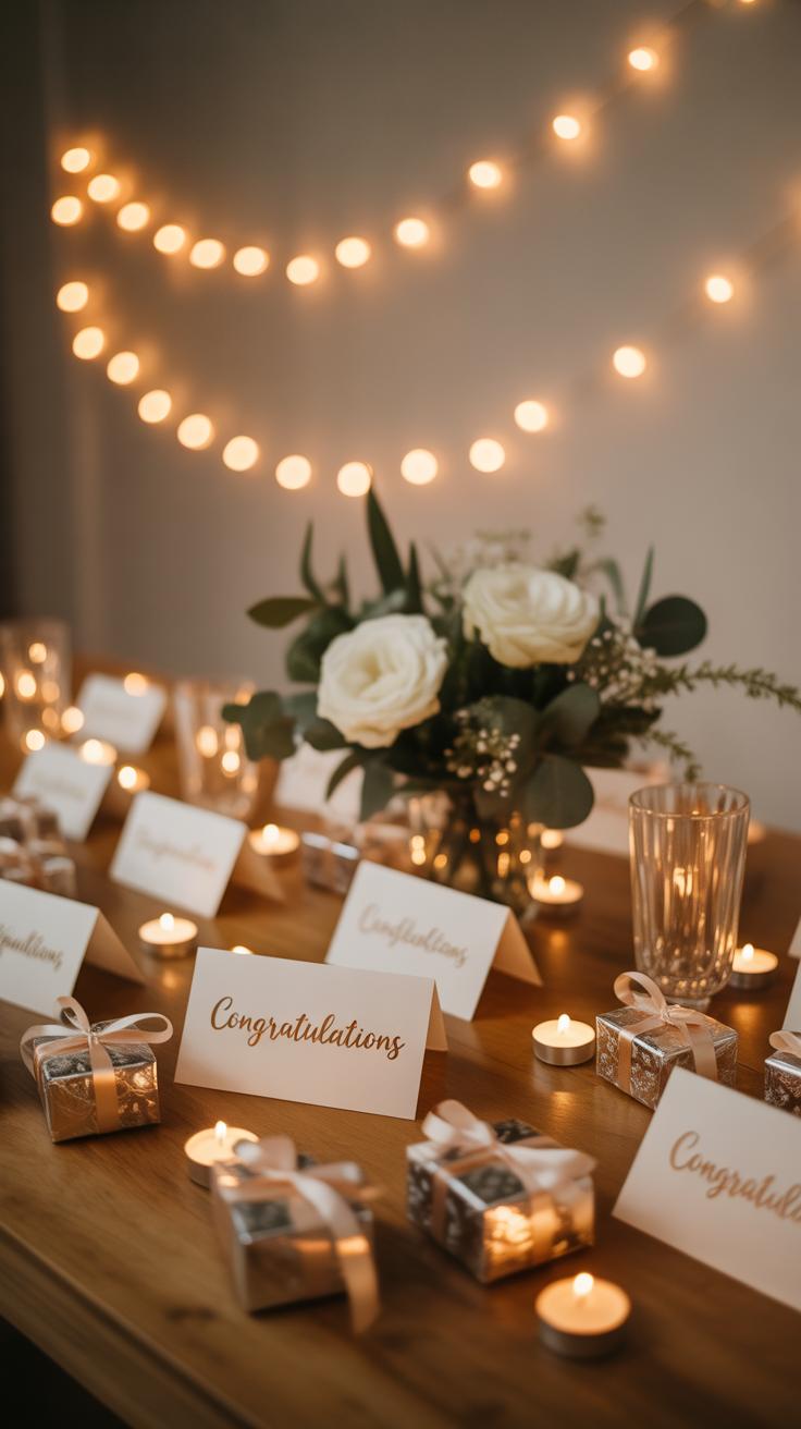 A decorated wooden table with white roses in a vase, gift boxes with ribbons, congratulatory cards, lit tea candles, and warm string lights hanging in the background.