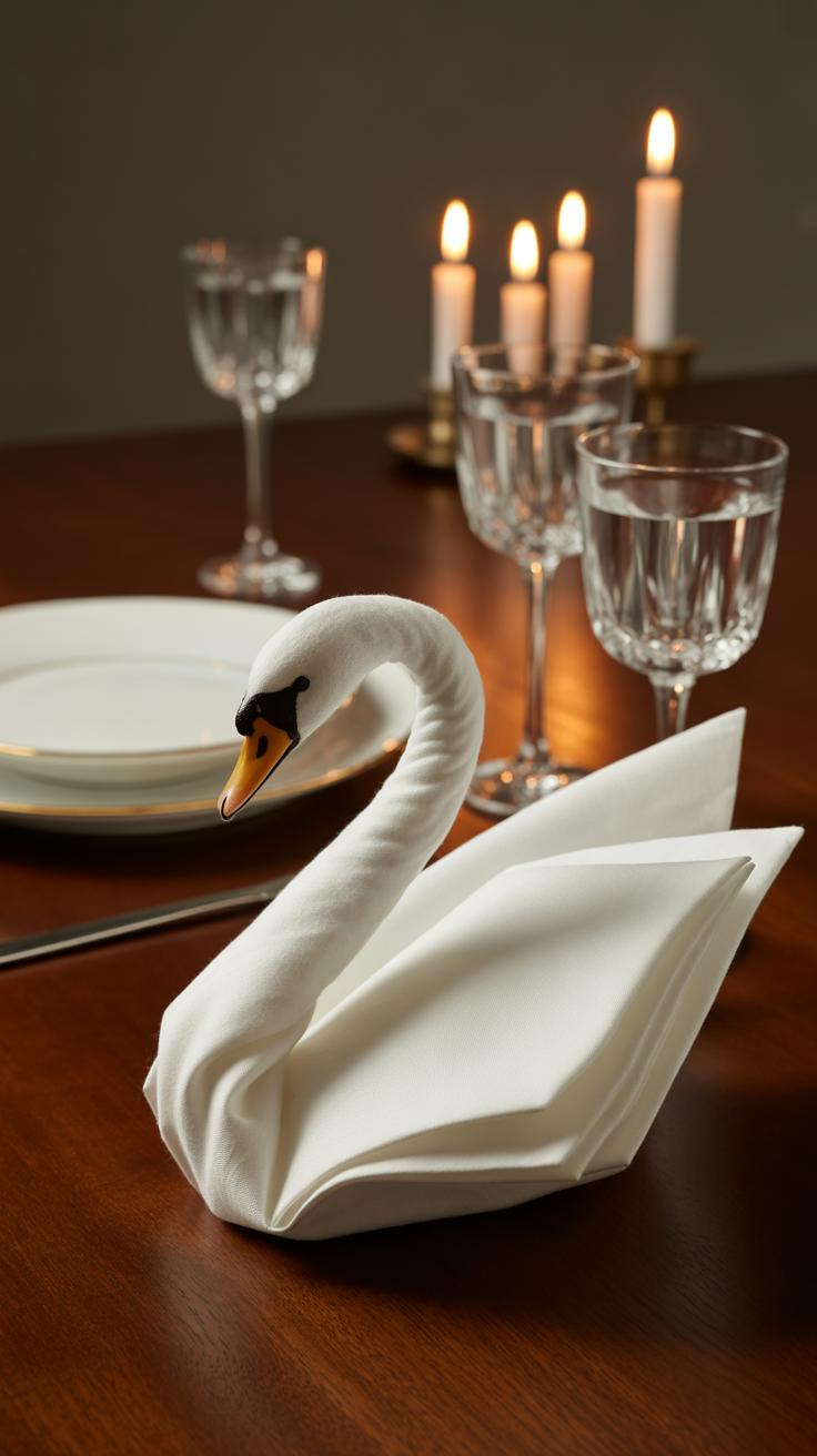 A white napkin folded into the shape of a swan sits on a wooden dining table, beside elegant plates, glasses, and lit candles in the background, creating a sophisticated table setting.