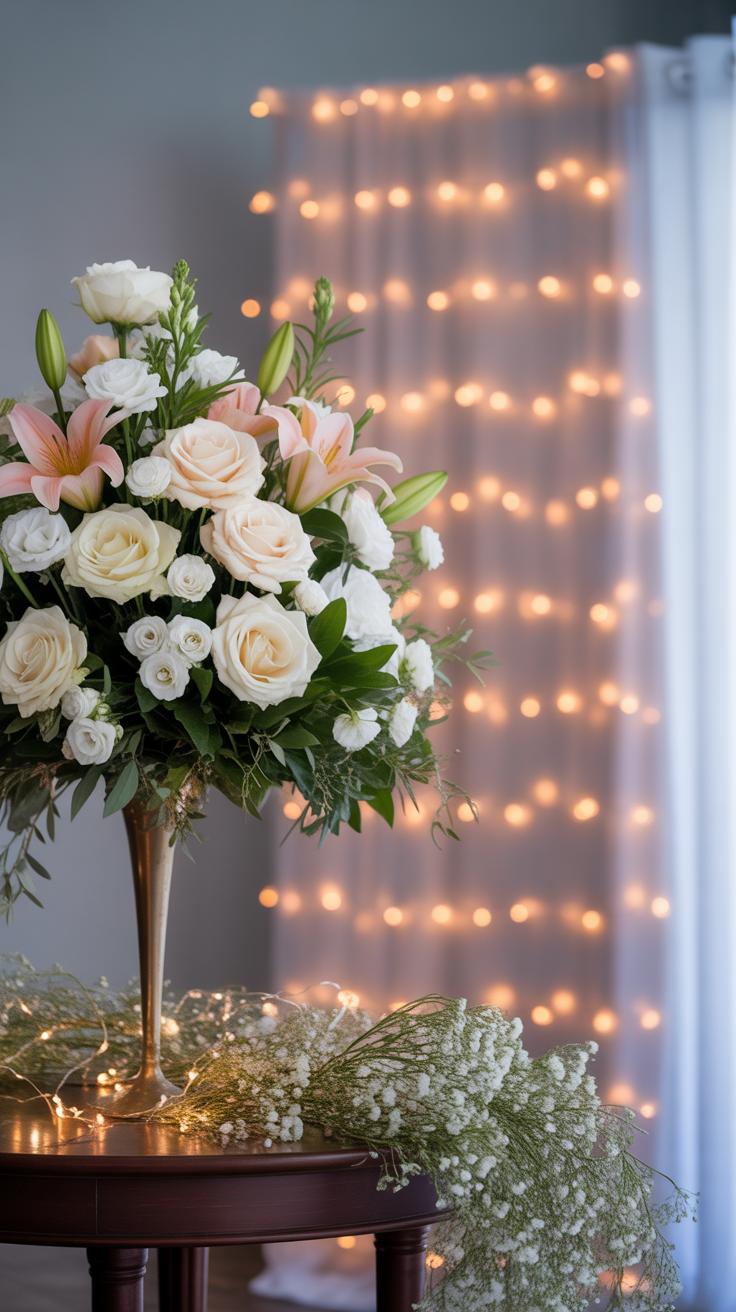 A tall gold vase holds a bouquet of white and pale pink roses, lilies, and greenery on a round wooden table, with babys breath and string lights against a curtain backdrop in the background.