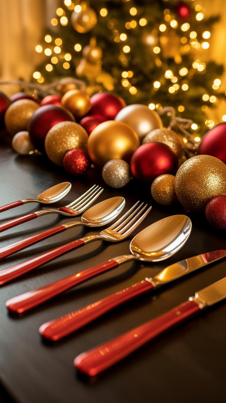 A festive table setting with red-handled cutlery neatly arranged in front of gold and red Christmas ornaments, with a decorated, lit Christmas tree softly blurred in the background.