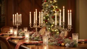 A festive dining table decorated with lit candelabras, pine branches, red berries, and crystal glasses, with a decorated Christmas tree glowing in the background.
