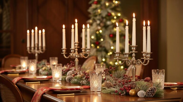 A festive dining table decorated with lit candelabras, pine branches, red berries, and crystal glasses, with a decorated Christmas tree glowing in the background.