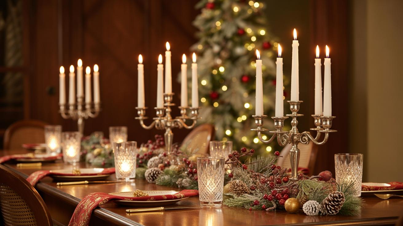 A festive dining table decorated with lit candelabras, pine branches, red berries, and crystal glasses, with a decorated Christmas tree glowing in the background.