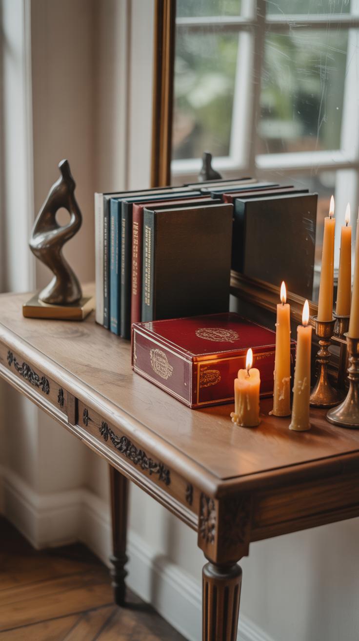 A wooden table with carved details holds books, a red ornate book, lit candles in brass holders, and a modern abstract sculpture, with a large mirror and window in the background.