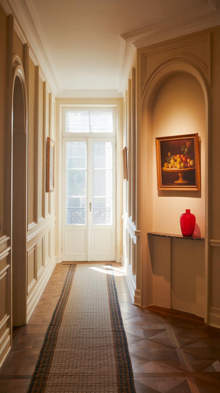 A sunlit hallway with panelled beige walls, a patterned runner rug, and a large glass door at the end. A red vase and a painting of fruit are displayed on a niche shelf on the right wall.