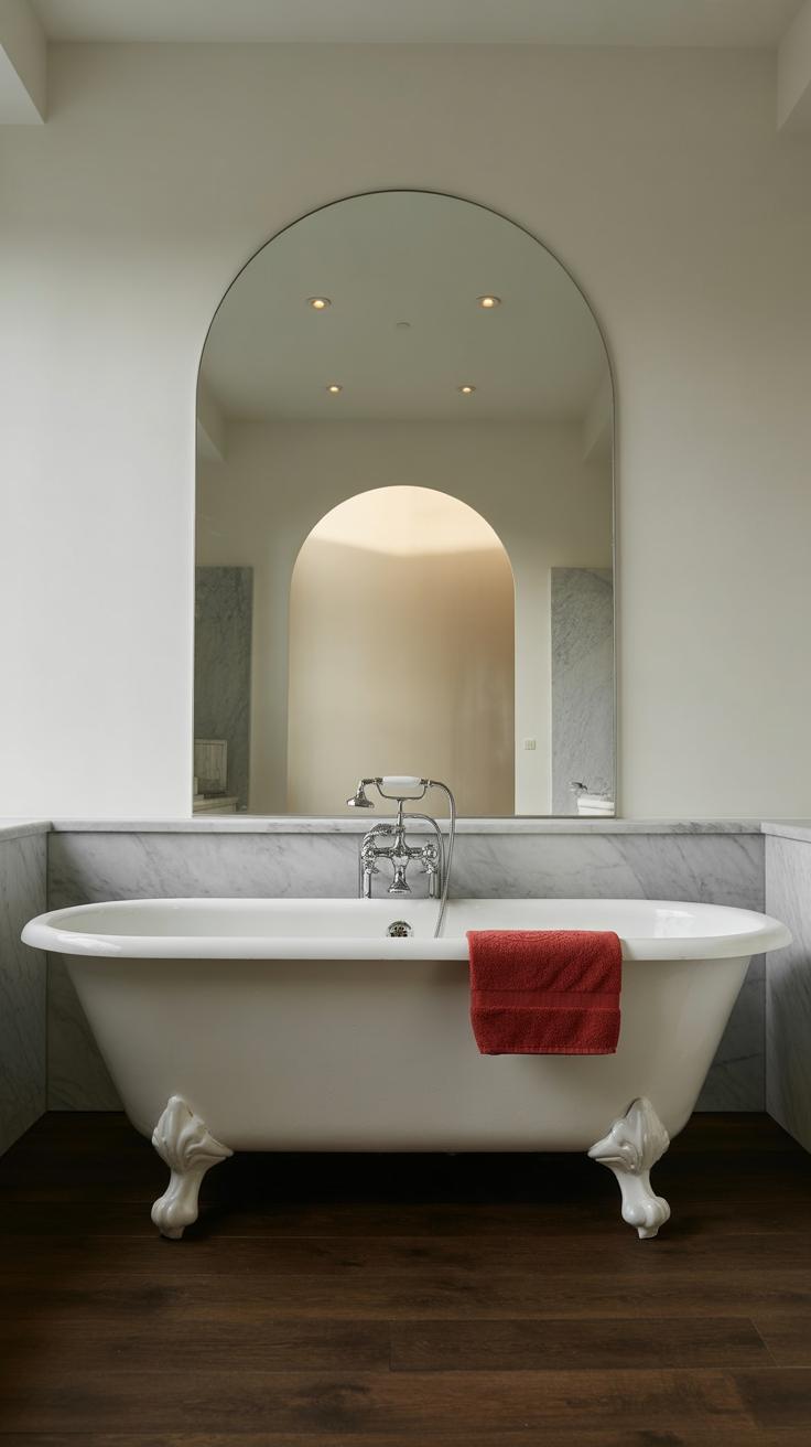 A white clawfoot bathtub with a red towel draped over the side sits on a dark wooden floor in front of a large arched mirror in a bright, modern bathroom.