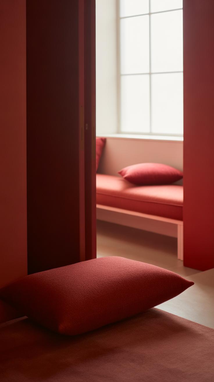 A soft red cushion lies on the floor in a minimalistic red-toned room. In the background, a window lights a bench with matching red cushions, creating a calm, cozy atmosphere.