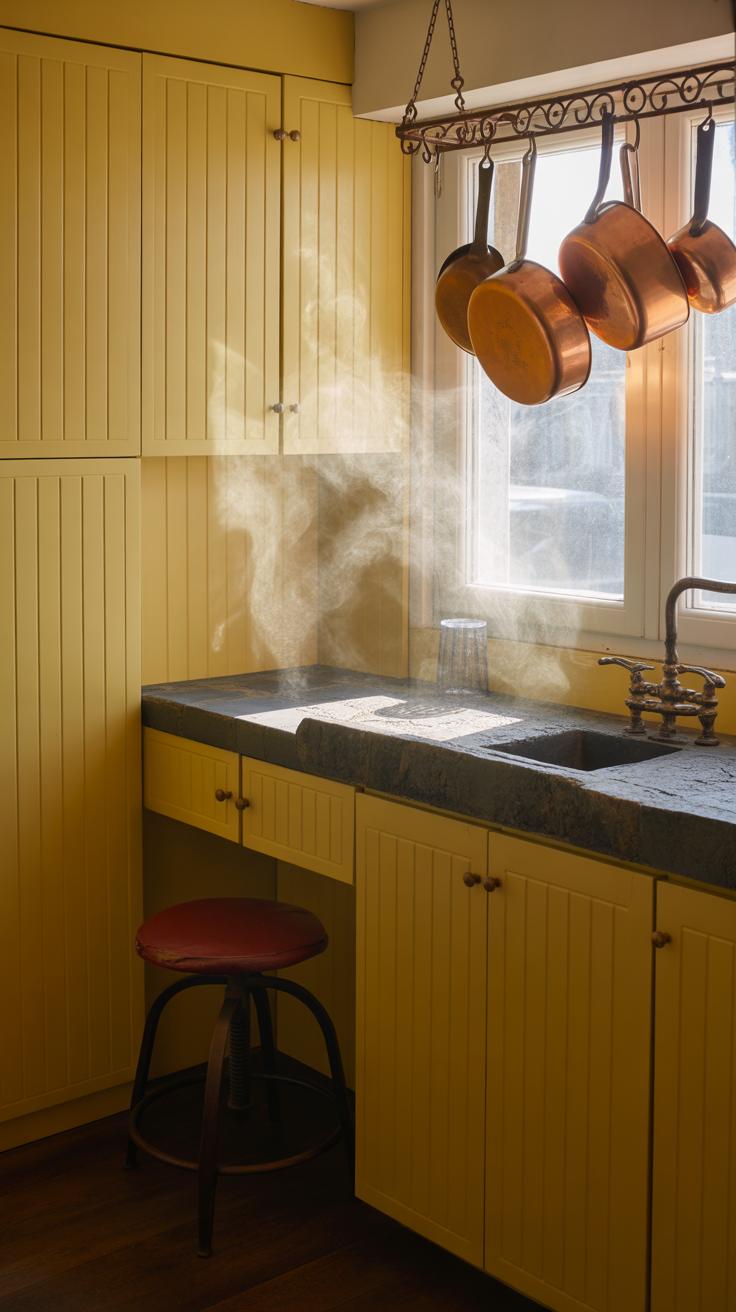 Sunlight streams through a window onto yellow kitchen cabinets, a dark countertop, and a red stool. Copper pans hang above the counter, with steam or dust visible in the light.